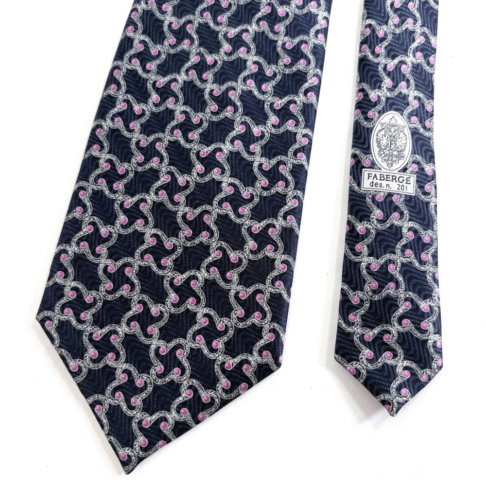 Faberge Silk Necktie‎ Navy Blue Pink Geometric Imperial Crest Handmade 4"
